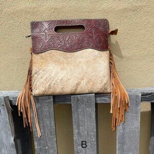 Cowhide and Brown Tooled Leather Concealed Carry Purse